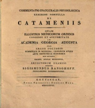 Commentatio inaug. physiologia, exhibens nonnulla de catameniis