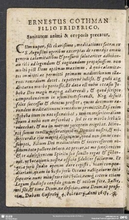 Ernestus Cothman Filio Friderico, Sanitatem animi & corporis precatur