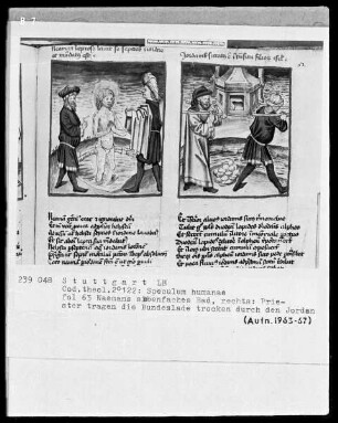 Zwei Schriften — Speculum humanae salvationis — Textseite mit zwei Miniaturen, Folio 63recto