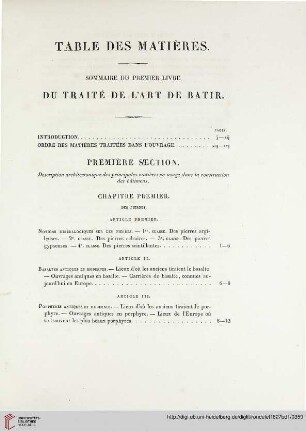 Table des matières / Sommaire du premier livre