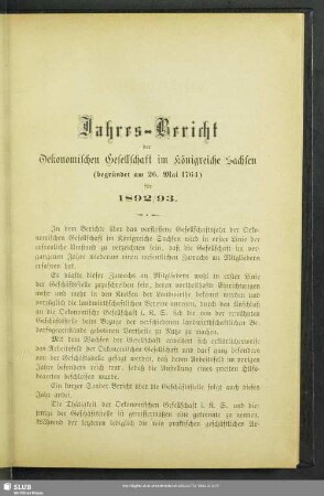 Jahres-Bericht der Oekonomischen Gesellschaft im Königreiche Sachsen (begründet am 26. Mai 1764) für 1892/93