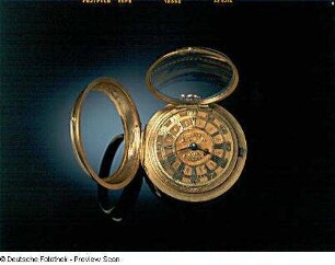 Taschenuhr mit Übergehäuse : Taschenuhr mit Übergehäuse. Gold, Eisen, gebläut; D. 4,3 cm (um 1725; P. Dupin). Dresden: Mathematisch-Physikalischer Salon D IVa 348