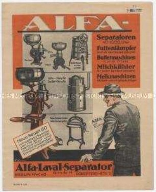 Alfa-Separatoren, Futterdämpfer, Buttermaschinen, Milchkühler, Melkmaschinen