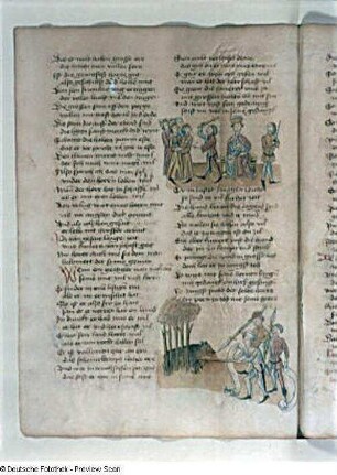 Textseite mit Illustration, Herr mit Grafenhut auf einer Thronbank, Bediensteter mit Schwert, Kämmerer drängt Volk mit Keule zurück, Bärenjagd, Seite 27v
