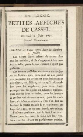 No LXXXIX (Mercredi 8 Juin 1785)