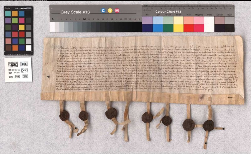 Johann von Kuckelsheim (Kukelshem) macht bekannt, daß ihm Abt und Konvent von Werden den [im bergischen Amt Angernund gelegenen Sattel-] Hof Hetterscheid auf 2 Leiber verkauft haben. Er verpflichtet sich, die Güter des Hofs keinesfalls zu zersplittern noch zu entfremden. - Es siegeln der Aussteller, Burchard von Kuckelsheim, Bernd von Lutterbeke, Hinrik van Schure, Evert van Scheven, Johann van Schadelich, Hinrik und Johann Lüttelnau (Luttelnawe). - Datum ... ipso die conversionis s. Pauli.