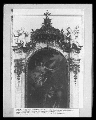 Seitenaltar, Bekehrung des Hl. Hubertus : Jagdschloss Hubertusburg, Schlosskapelle, rechter Seitenaltar, dem Heiligen Hubertus geweiht (Bekehrung des Hl. Hubertus)