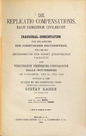 Die replicatio compensationis, nach Gemeinen Civilrecht