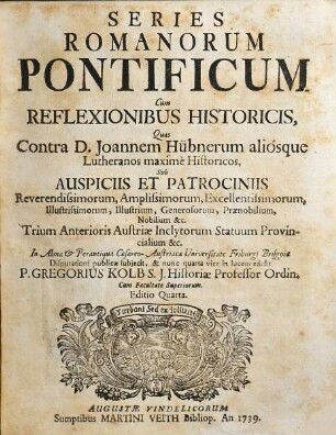 Series Romanorum Pontificum : Cum Reflexionibus Historicis