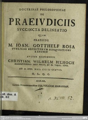Doctrinae Philosophicae De Praeiudiciis Succincta Delineatio