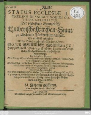 Status Ecclesiae Lutheranae In Anhaltinorum Cothena Melioratus