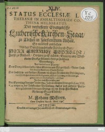 Status Ecclesiae Lutheranae In Anhaltinorum Cothena Melioratus