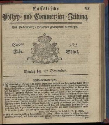 36tes Stueck, Montag den 1ten September 1800
