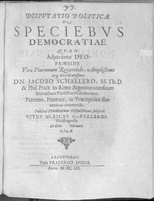 Dispvtatio Politica De Speciebvs Democratiae