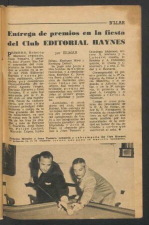 Entrega de premios en la fiesta del Club Editorial Haynes : Billar