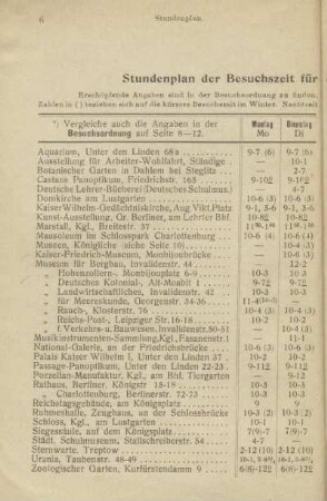 Tabelle: Stundenplan der Besuchszeit für die Haupt-Sehenswürdigkeiten
