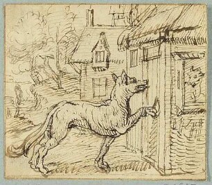 Ziege und Wolf, Nachzeichnung einer Illustration in De warachtighe Fabulen der Dieren. Brügge 1567, S. 58
