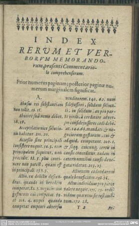 Index Rerum Et Verborum Memorandorum, praesenti Commentariolo comprehensorum