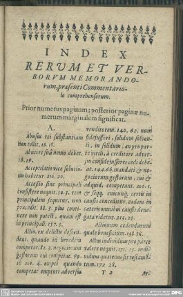 Index Rerum Et Verborum Memorandorum, praesenti Commentariolo comprehensorum