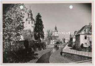 Ettlingen, Alb mit Kirche St. Martius und Rathausturm