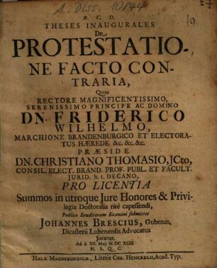 Theses Inaugurales De Protestatione Facto Contraria