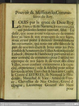 Pouvoir des Messieurs les Commissaires du Roy