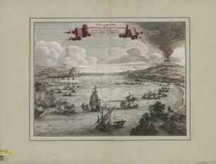 Ansicht der Strasse von Messina mit dem Ätna, Kupferstich, um 1710 : Faro de Messina oder Meer-Enge zwischen Sicilien und Calabrien : sampt der Gegend des Feüer auswerffenden Berges Ætna auch Monte Gibello genand / [G. Bodenehr fec. et exc]. - Aug. Vind. , [ab 1710]. - 1 Ansicht : Kupferstich ; 52 x 39 cm