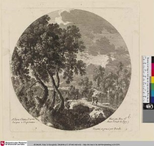 [Landschaft mit einer Baumgruppe und mehreren Wanderern]