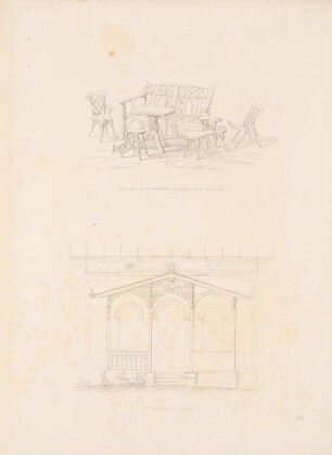 Sitze aus dem Schlossgarten, Babelsberg Gartenhaus, Duisburg: Perspektivische Ansicht Sitzgruppe, Ansicht Gartenhaus (aus: Architektonisches Skizzenbuch, H. 1, 1852)