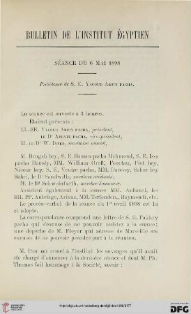 Séance du 6 mai 1898: présidence de S. E. Yacoub Artin Pacha