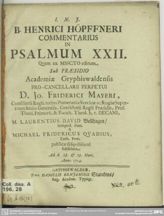 B. Henrici Höpffneri Commentarius In Psalmum XXII.
