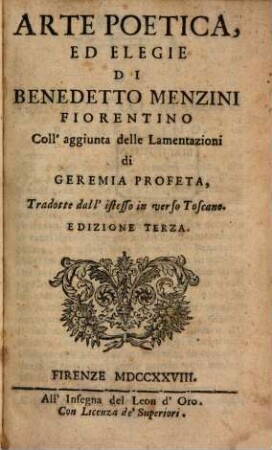 Arte Poetica, ed elegie di Benedetto Menzini