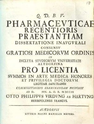 Pharmacevticae Recentioris Praestantiam Dissertatione Inavgvrali