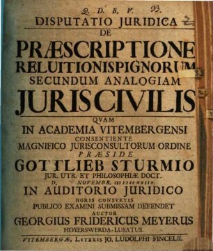 Disputatio juridica de praescriptione reluitionis pignorum secundum analogiam juris civilis