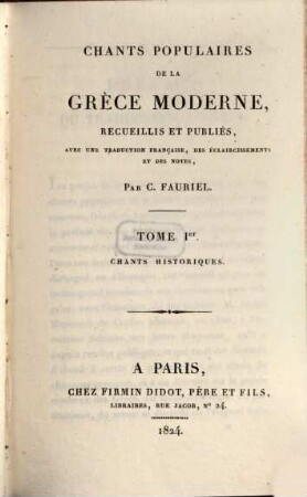 Chants populaires de la Grèce moderne. 1, Chants historiques