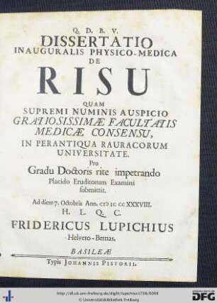 Dissertatio Inauguralis Physico-Medica De Risu