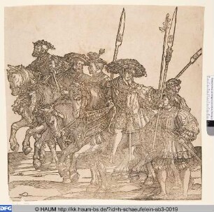 Der Triumphzug Kaiser Karls V., Bl. 4, Vier Reiter und zwei Landsknechte