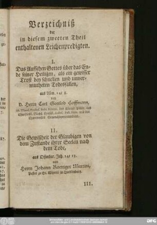 Verzeichniß der in diesem zweeten Theil enthaltenen Leichenpredigten.
