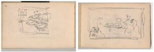 Kompositionsstudien: Mann auf Pferd und weitere Personen (links), Landschaft? (rechts)