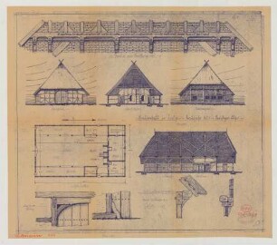 Laupin (Kreis Ludwigslust): Bauernhaus. Grundriss, Ansichten, Schnitte, Details