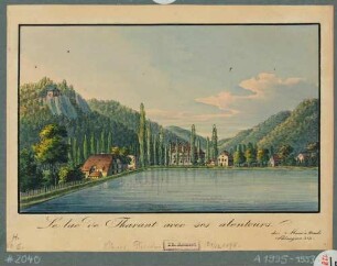 Tharandt, Blick über den Schlossteich in das Tal der Wilden Weißeritz, im Hintergrund das Kurbad (Kaltwasser-Heilanstalt)