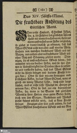 Das XIV. Hülffs-Mittel. Die fruchtbare Anhörung des Göttlichen Worts