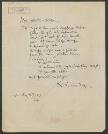 Brief an B. Schott's Söhne : 27.06.1924