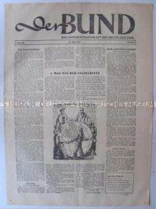 Wochenzeitung der Gewerkschaften für die Britische Besatzungszone "Der Bund" u.a. zur Bewirtschaftung von Bekleidung und zum 1. Mai