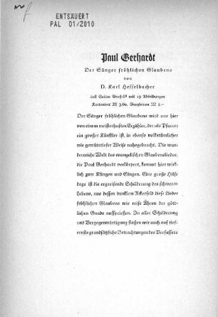 Paul Gerhardt Der Sänger fröhlichen Glaubens von D. Karl Hesselbacher (...)