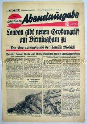 Abendausgabe der "Berliner Volks-Zeitung" u.a. zu deutschen Luftangriffen auf britische Industriezentren