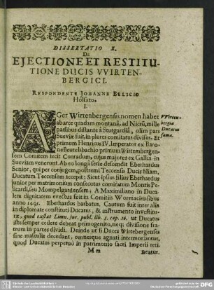 Dissertatio X. De Ejectione Et Restitutione Ducis Wirtembergici. Respondente Johanne Belicio Holsato