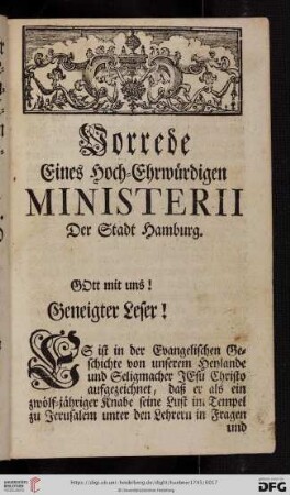 Vorrede eines Hoch-Ehrwürdigen Ministerii der Stadt Hamburg