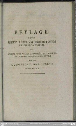 Beylage. Novus Index Librorum Prohibitorum Et Expurgandorum ...