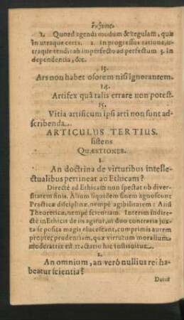 Articulus Tertius sistens Quaestiones.